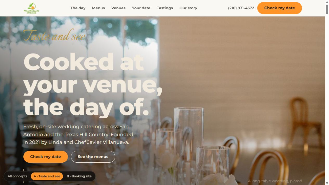 Taste and See website concept with its catering offer and date inquiry action