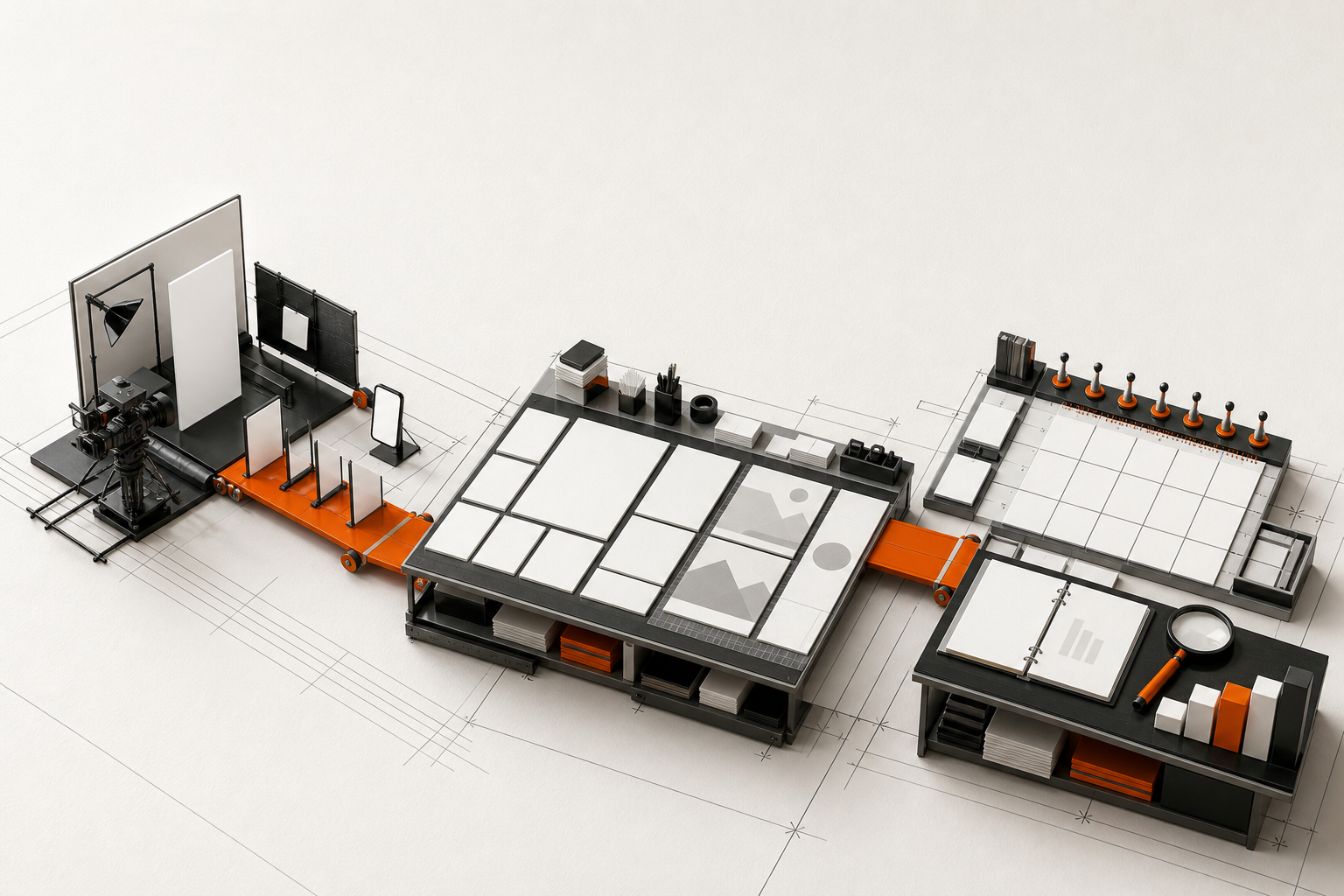 Isometric social production studio connecting a camera bay, short-form video, feed-post layouts, a publishing calendar, and paid distribution.