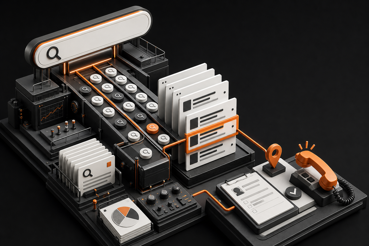 Isometric search advertising system where a search terminal routes keyword intent through ranked results to tracked calls and lead forms.