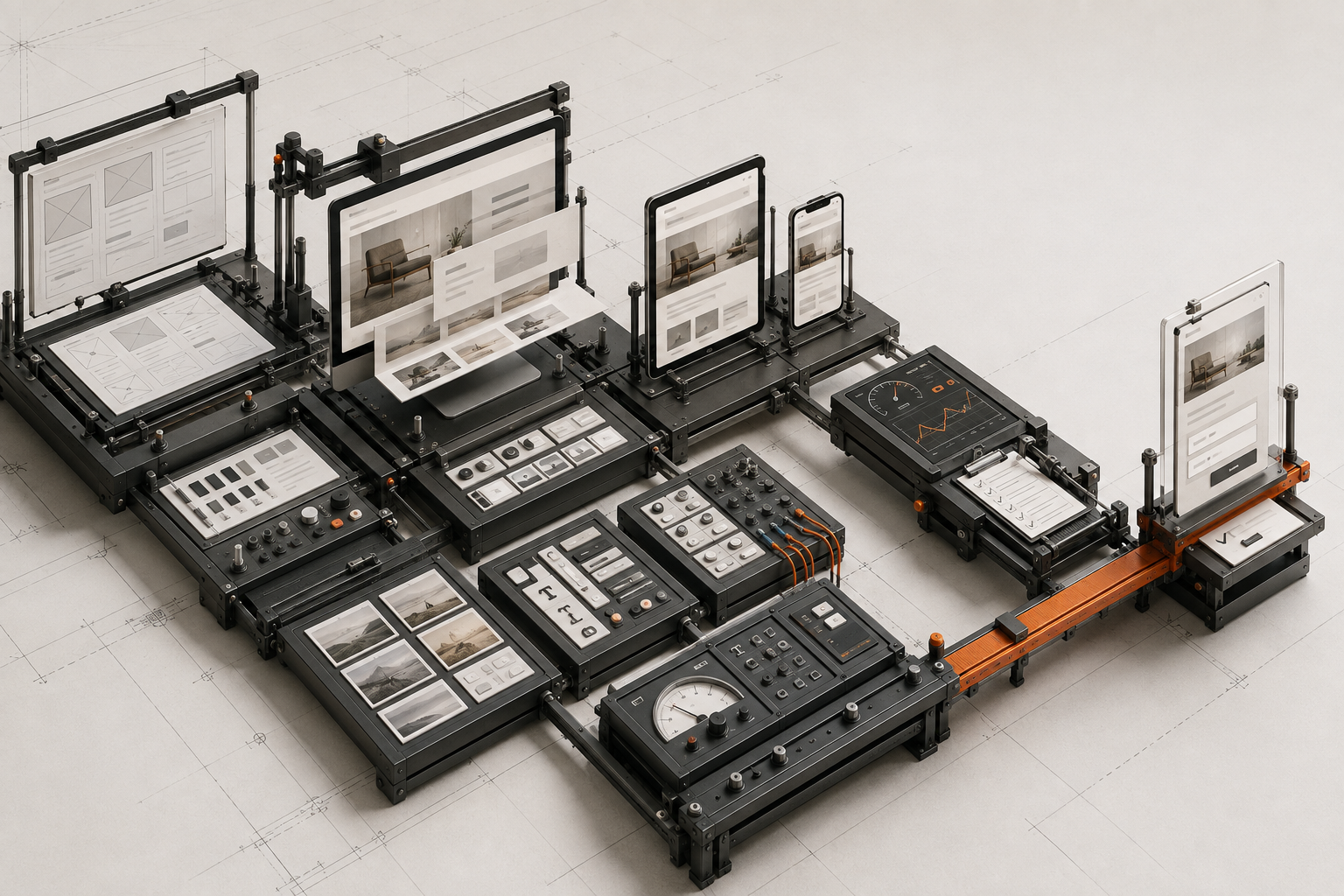 Isometric website assembly floor connecting wireframes, responsive desktop, tablet, and mobile screens, testing tools, analytics, and a finished lead-capture path.