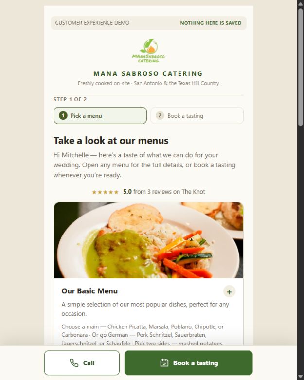 EventWell’s Mana Sabroso customer journey, with catering menus and a tasting step
