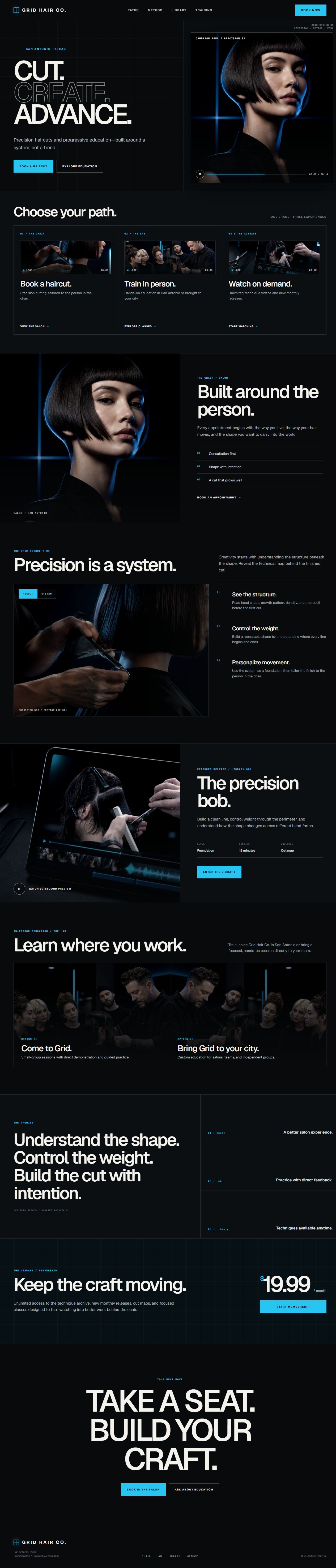 Grid Hair Co. website design, featuring dark editorial typography and precision-hair photography