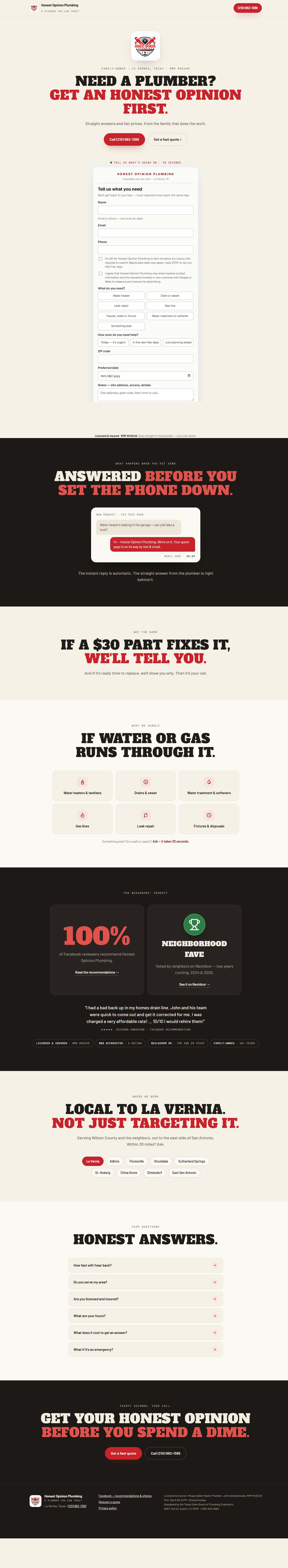 Honest Opinion Plumbing website design preview